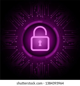 Safety concept, Closed Padlock on digital background, cyber security, purple abstract hi speed internet technology background illustration. key vector