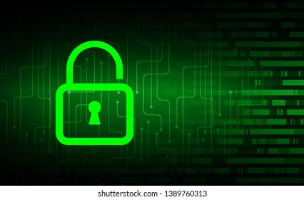 Safety concept, Closed Padlock on digital background, cyber security, green abstract hi speed internet technology background illustration. key vector