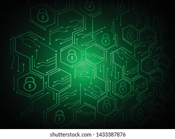 Safety concept, Closed Padlock on digital background, cyber security, green abstract hi speed internet technology  illustration. key vector