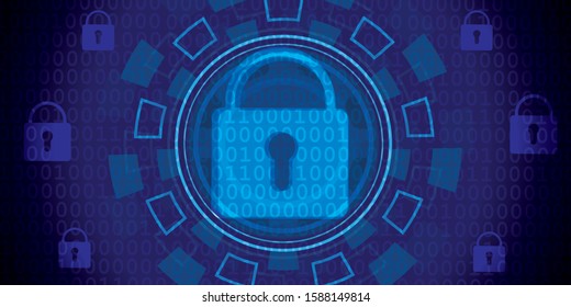 Safety concept, Closed Padlock on digital background, cyber security, Blue abstract hi speed internet technology background illustration