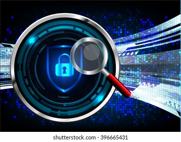 safety concept Closed Padlock on digital background. blue abstract vector hi speed internet technology background illustration. Magnifying Glass