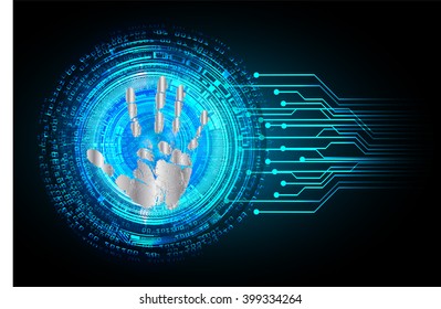 Safety concept, Closed Padlock on digital background, cyber security, Blue abstract hi speed internet technology background illustration. eye scan virus. Finger-print scan. hand