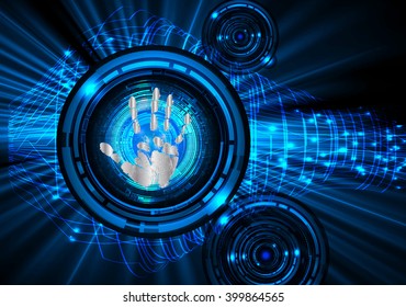 Safety concept, Closed Padlock on digital background, cyber security, Blue abstract hi speed internet technology background illustration. Finger-print scan. hand