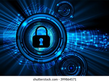Safety concept, Closed Padlock on digital background, cyber security, Blue abstract hi speed internet technology background illustration. 