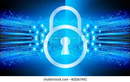 Safety concept, Closed Padlock on digital background, cyber security, Blue abstract hi speed internet technology background illustration