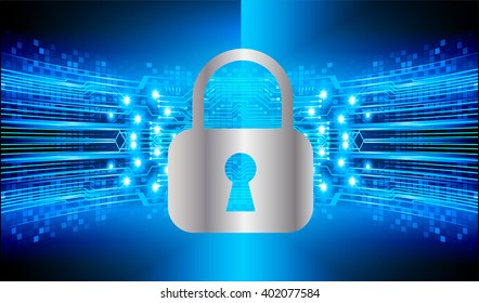 Safety concept, Closed Padlock on digital background, cyber security, Blue abstract hi speed internet technology background illustration