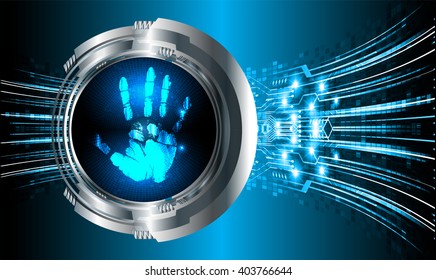 Safety concept, Closed Padlock on digital background, cyber security, Blue abstract hi speed internet technology background illustration. Finger-print scan. hand