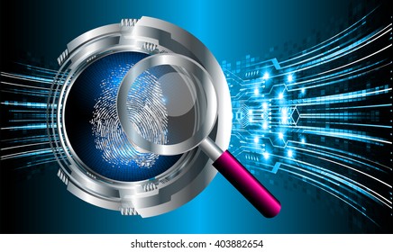 Safety concept, Closed Padlock on digital background, cyber security, Blue abstract hi speed internet technology background illustration. Finger-print scan. hand. Magnifying Glass. vector