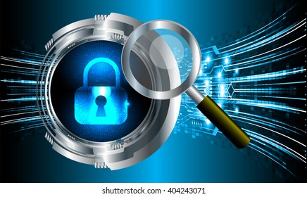 Safety concept, Closed Padlock on digital background, cyber security, Blue abstract hi speed internet technology background illustration. Magnifying Glass. vector