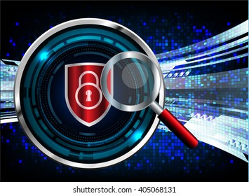 Safety concept, Closed Padlock on digital background, cyber security, Blue abstract hi speed internet technology background illustration. Magnifying Glass. vector