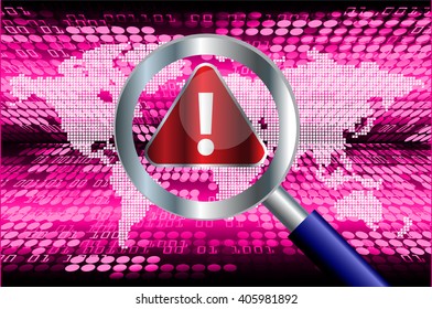 Safety concept, Closed Padlock on digital background, cyber security, pink abstract hi speed internet technology background illustration. Magnifying Glass. vector. world map