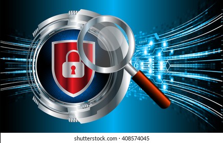 Safety concept, Closed Padlock on digital background, cyber security, Blue abstract hi speed internet technology background illustration. Magnifier. Magnifying Glass