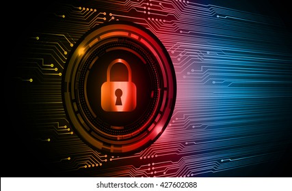 Safety concept: Closed Padlock on digital background,  orange red blue abstract light hi speed internet technology. Cyber security concept. Cyber background. Cyber data digital Technology.