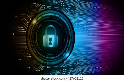 Safety concept: Closed Padlock on digital background, blue orange purple abstract light hi speed internet technology. Cyber security concept. Cyber background. Cyber data digital Technology.