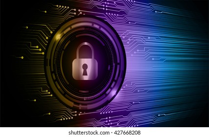 Safety concept: Closed Padlock on digital background, purple orange blue abstract light hi speed internet technology. Cyber security concept. Cyber background. Cyber data digital Technology.