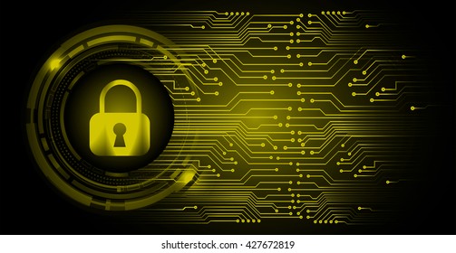 Safety concept: Closed Padlock on digital background, yellow abstract light hi speed internet technology. Cyber security concept. Cyber background. Cyber data digital Technology.