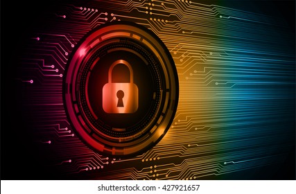 Safety concept: Closed Padlock on digital background, pink orange blue abstract light hi speed internet technology. Cyber security concept. Cyber background. Cyber data digital Technology.