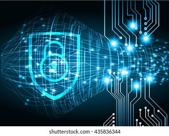 Safety concept: Closed Padlock on digital background, blue abstract light hi speed internet technology. Cyber security concept. Cyber background. Cyber data digital Technology.