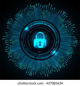 Safety concept: Closed Padlock on digital background, blue abstract light hi speed internet technology. Cyber security concept. Cyber background. Cyber data digital Technology.