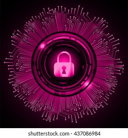 Safety concept: Closed Padlock on digital background, pink abstract light hi speed internet technology. Cyber security concept. Cyber background. Cyber data digital Technology.