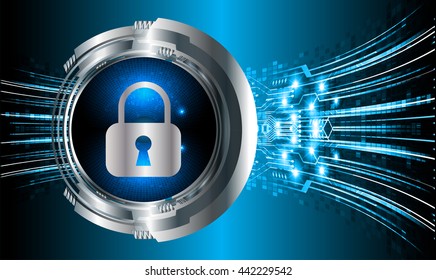 Safety concept, Closed Padlock on digital background, cyber security, Blue abstract hi speed internet technology background illustration. key