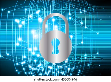 Safety concept, Closed Padlock on digital background, cyber security, Blue abstract hi speed internet technology background illustration. key
