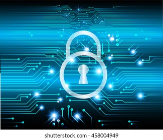 Safety concept, Closed Padlock on digital background, cyber security, Blue abstract hi speed internet technology background illustration. key
