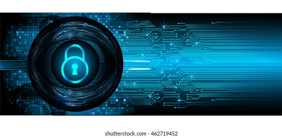 Safety concept, Closed Padlock on digital background, cyber security, Blue abstract hi speed internet technology background illustration. key