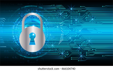 Safety concept, Closed Padlock on digital background, cyber security, Blue abstract hi speed internet technology background illustration. key