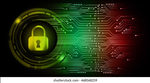 Safety concept, Closed Padlock on digital background, cyber security, yellow green red abstract hi speed internet technology background illustration. key
