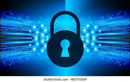 Safety concept, Closed Padlock on digital background, cyber security, Blue abstract hi speed internet technology background illustration. key