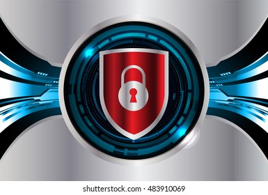 Safety concept, Closed Padlock on digital background, cyber security, Blue silver abstract hi speed internet technology background illustration. key