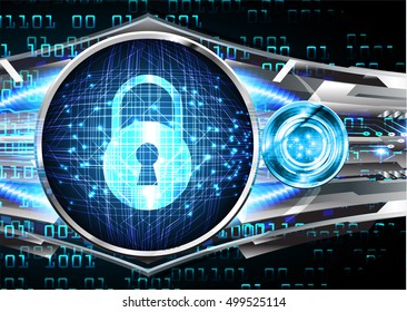 Safety concept, Closed Padlock on digital background, cyber security, Blue abstract hi speed internet technology background illustration.