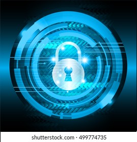 Safety concept, Closed Padlock on digital background, cyber security, Blue abstract hi speed internet technology background illustration. key