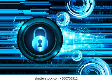 Safety concept, Closed Padlock on digital background, cyber security, Blue abstract hi speed internet technology background illustration. key