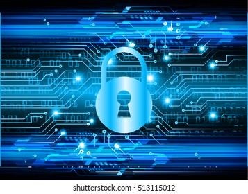 Safety concept: Closed Padlock on digital background, blue abstract light hi speed internet technology. Cyber security concept. key
