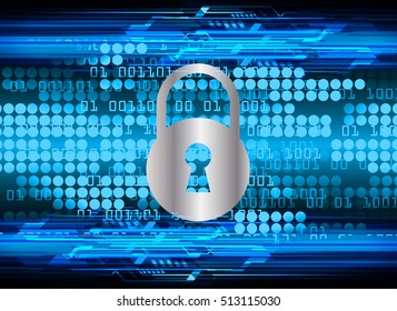 Safety concept: Closed Padlock on digital background, blue abstract light hi speed internet technology. Cyber security concept. key