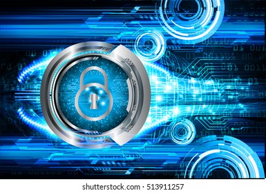 Safety concept: Closed Padlock on digital background, blue abstract light hi speed internet technology. Cyber security concept. key