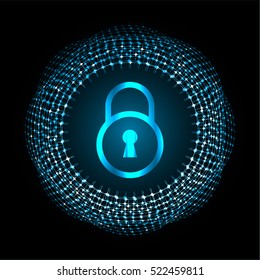 Safety concept, Closed Padlock on digital background, cyber security, Blue abstract hi speed internet technology background illustration. key