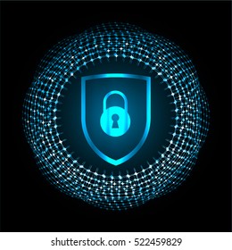 Safety concept, Closed Padlock on digital background, cyber security, Blue abstract hi speed internet technology background illustration. key