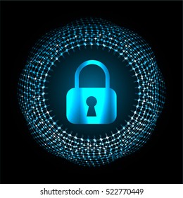 Safety concept, Closed Padlock on digital background, cyber security, Blue abstract hi speed internet technology background illustration. key