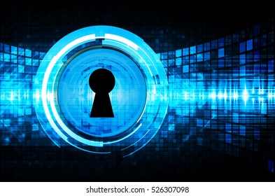 Safety concept, Closed Padlock on digital background, cyber security, Blue abstract hi speed internet technology background illustration. key