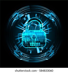 Safety concept, Closed Padlock on digital, cyber security, Blue abstract hi speed internet technology background illustration. key vector