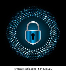 Safety concept, Closed Padlock on digital, cyber security, Blue abstract hi speed internet technology background illustration. key vector
