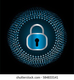 Safety concept, Closed Padlock on digital, cyber security, Blue abstract hi speed internet technology background illustration. key vector