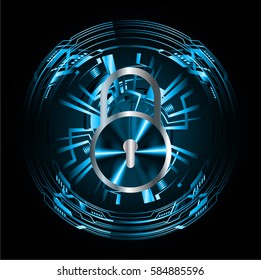 Safety concept, Closed Padlock on digital, cyber security, Blue abstract hi speed internet technology background illustration. key vector