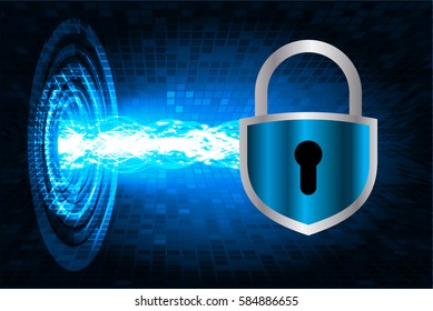 Safety concept, Closed Padlock on digital, cyber security, Blue abstract hi speed internet technology background illustration. key vector