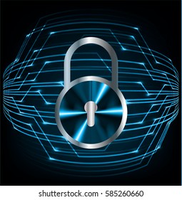 Safety concept, Closed Padlock on digital, cyber security, Blue abstract hi speed internet technology background illustration. key vector