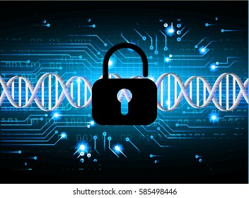 Safety concept, Closed Padlock on digital, cyber security, Blue abstract hi speed internet technology background illustration. chromosome DNA. key vector