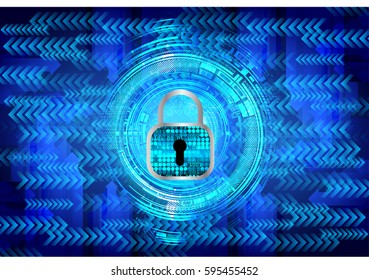 Safety concept, Closed Padlock on digital, cyber security, Blue abstract hi speed internet technology background illustration. key vector